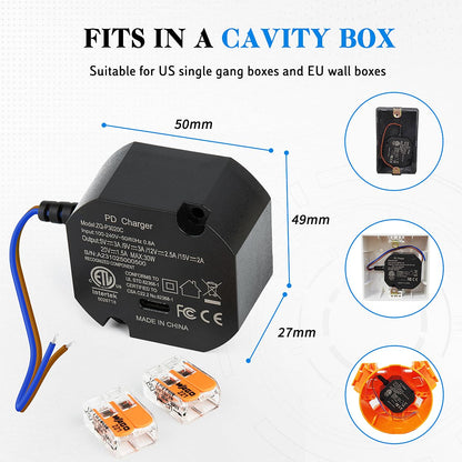 30W USB Type C Power specifically designed for USB C tablets like iPad - fits 86x86mm junction boxes in walls. PSE certified with auto-negotiation for 100~240V/AC 50Hz input, and 5V/3A 9V/3A 12V/2.5A 15V/2A 20V/1.5A output.