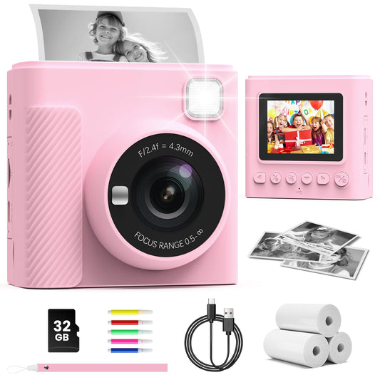 TIATUA Kids Camera Instant Camera, 2.4 Inch Instant Camera for Kids with 32G Card and Photo Paper Printing, 1080P HD Digital Camera for Kids, Gifts for Boys and Girls 3-12 Years (Pink)