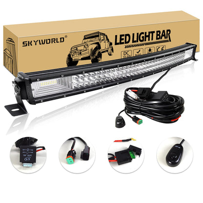 SKYWORLD 32 inch 405W LED work light 1 piece, spot flood LED work light bar with wiring harness kit, off-road work lamps for excavators, tractors, forklifts, ATVs, trucks, off-road 4x4