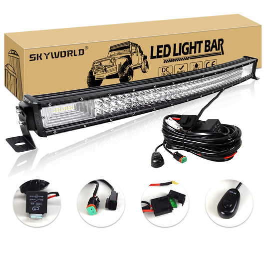 SKYWORLD 32 inch 405W LED work light 1 piece, spot flood LED work light bar with wiring harness kit, off-road work lamps for excavators, tractors, forklifts, ATVs, trucks, off-road 4x4