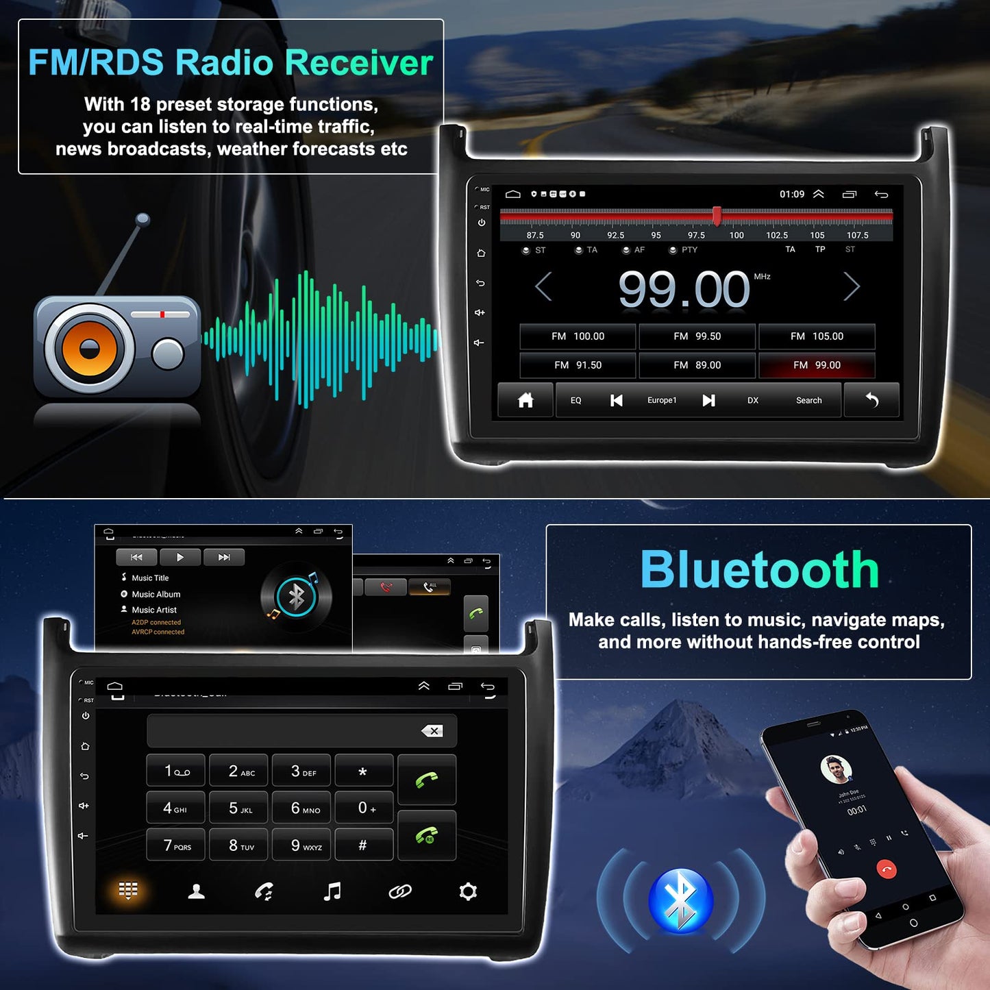 CAMECHO Android 13 car radio for VW Polo 6R 6C 9N 2008-2016, HiFi Carplay Android Auto RDS, 9" screen Double Din car radio with navigation FM WiFi Bluetooth and USB+backup camera.