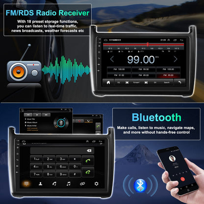 CAMECHO Android 13 car radio for VW Polo 6R 6C 9N 2008-2016, HiFi Carplay Android Auto RDS, 9" screen Double Din car radio with navigation FM WiFi Bluetooth and USB+backup camera.