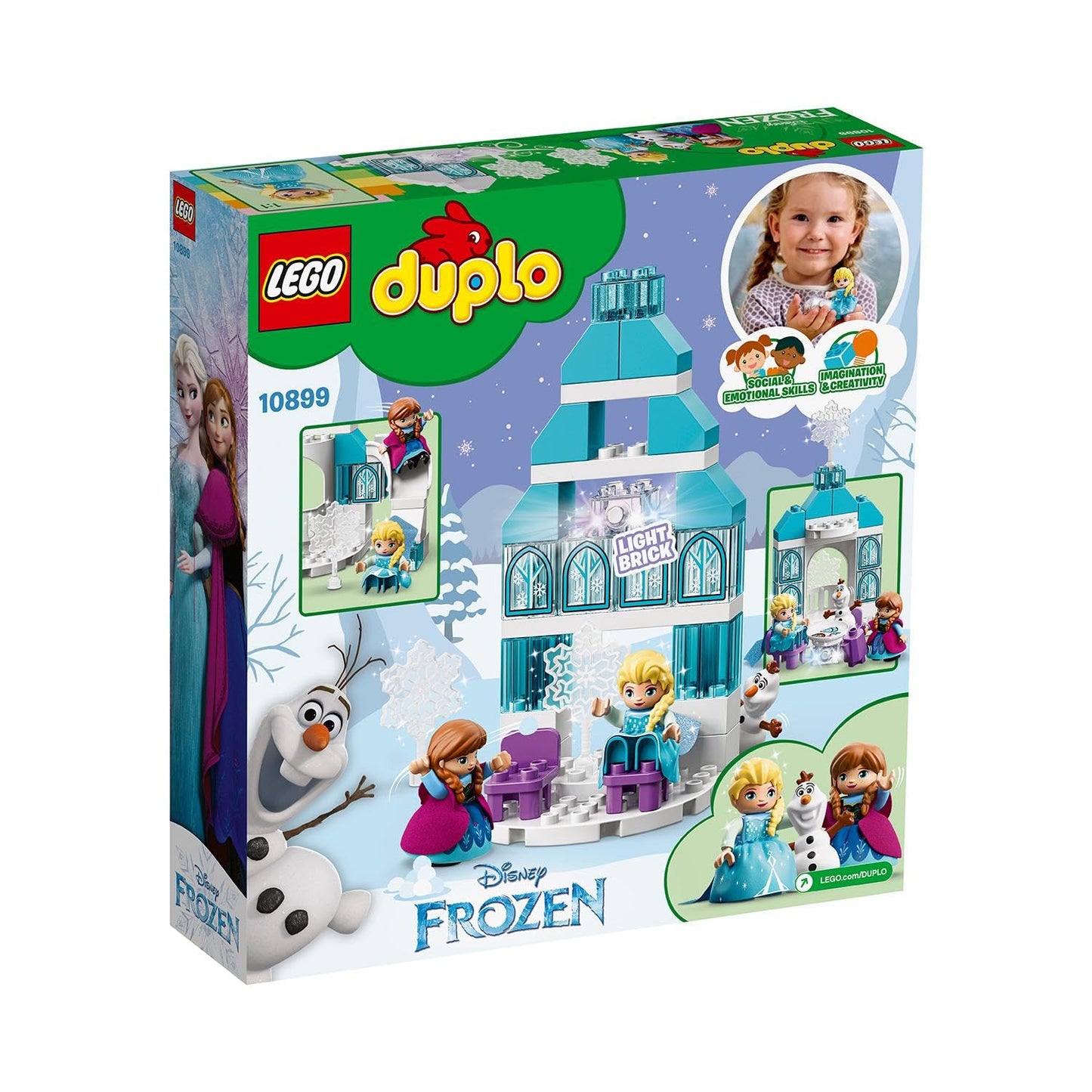 LEGO 10899 DUPLO Princess Frozen Elsa's Ice Palace, building set with light brick, Princess Elsa and Anna mini dolls, and snowman figure, toys for boys and girls aged 2 years and up.