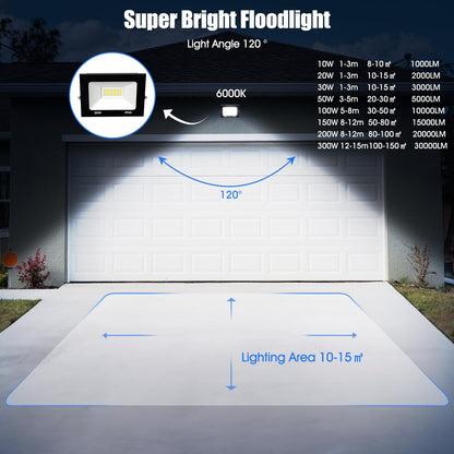 Royana 10-pack 300W LED floodlight outdoor 30000LM super bright LED floodlight 6000K cold white IP65 waterproof LED spotlight, ultra-thin for sports field garage garden backyard hallway