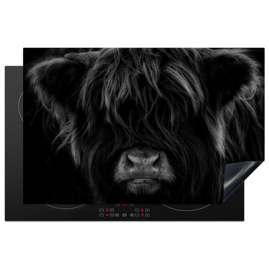 MuchoWow stove cover ceramic hob splash guard kitchen Scottish Highlander - cow - portrait - animals - black - white 81.6x52.7 cm induction hob cover induction hob ceramic hob cover