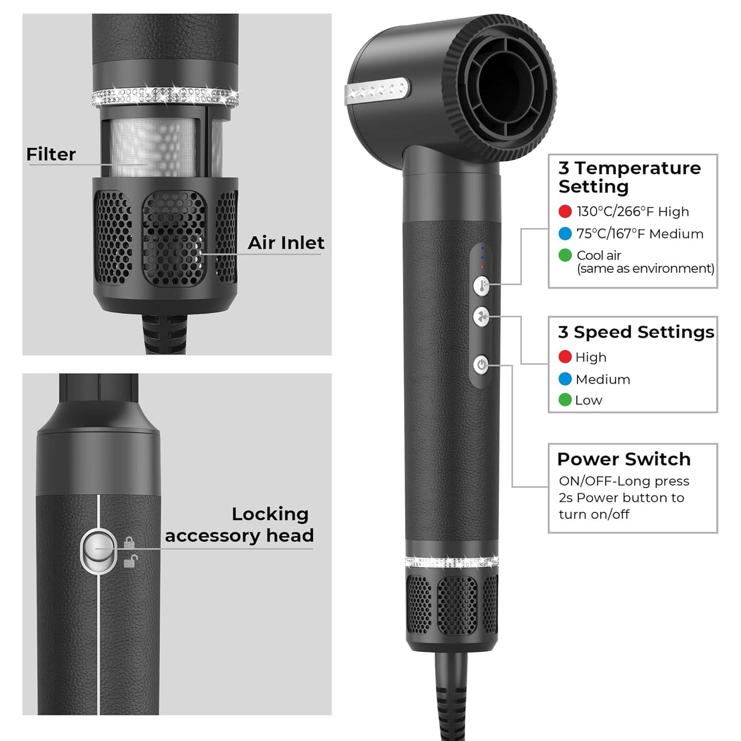 Hair styler 7 in 1, UKLISS Ionic Hair Dryer with Various Attachments: hot air brush, round brush, automatic curling iron, high-speed hair dryer with diffuser, hair straightening brush, gifts for women.