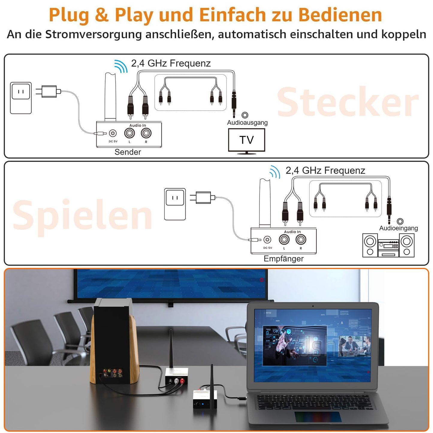 1Mii Wireless Audio Transmitter Receiver, 2.4G Long Range Kit with Low Latency for HiFi Music from TV/PC to Active Speakers/Stereo/Subwoofer/CD, RCA Output/Input 320ft.