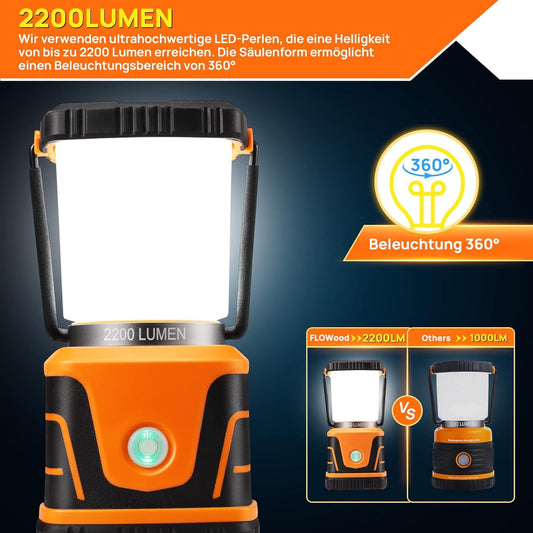 FLOWood super bright rechargeable camping lantern, 2200 lumens 6000mAh battery LED camping lantern, IP54 camping lights, 4 light modes dimmable, camping light tent lamp for hiking emergency equipment power outage