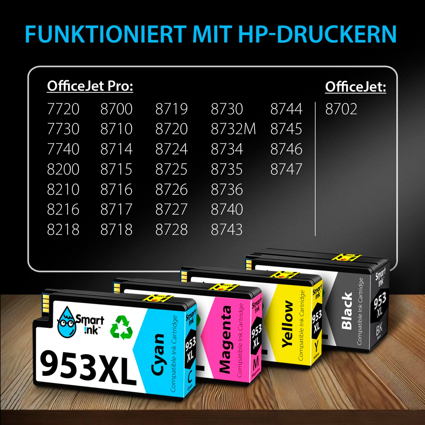 Smart Ink compatible printer cartridges as a replacement for HP 953XL Multipack 953 XL (Black XL & Blue Red Yellow) with Advanced Chip Technology for Officejet Pro 7720 7730 7740 8210 8218 8710 8715 8718 8720.