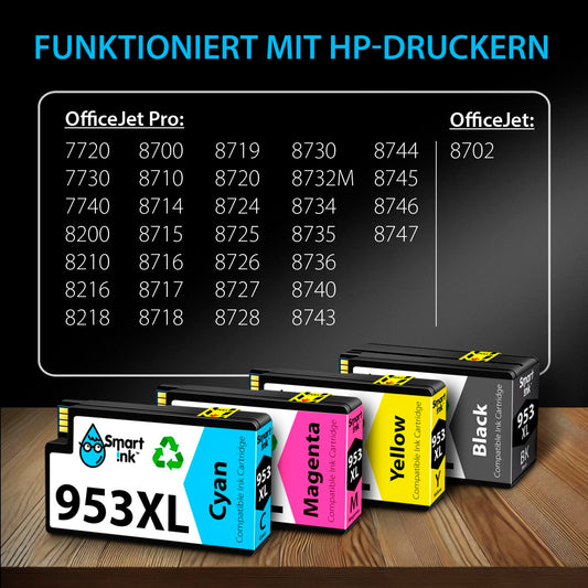 Smart Ink compatible printer cartridges as a replacement for HP 953XL Multipack 953 XL (Black XL & Blue Red Yellow) with Advanced Chip Technology for Officejet Pro 7720 7730 7740 8210 8218 8710 8715 8718 8720.