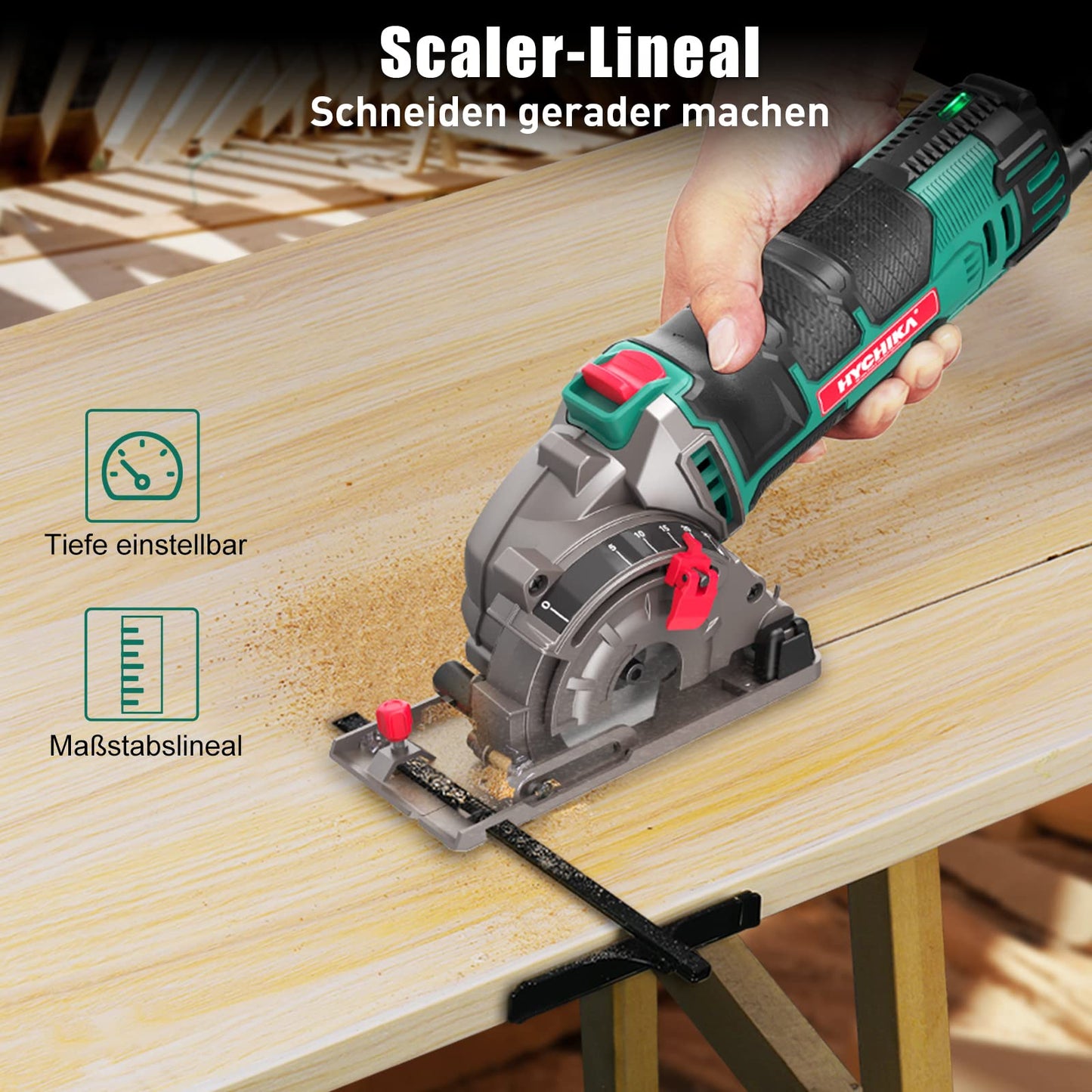 HYCHIKA Mini Circular Saw, Hand Saw with 3 Blades, Scale Ruler, 500W Pure Copper Motor, 4500RPM, Ideal for Wood, Soft Metal, Tile, and Plastic Cuts.