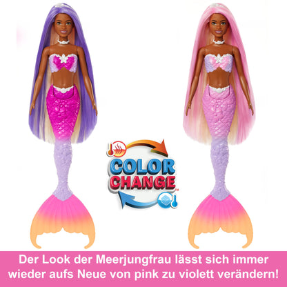 BARBIE Mermaid Doll - Inspired by the TV show "Barbie: A Hidden Magic", with color-change effect and accessories, 19 cm pink hair to style, for endless playtime, HRP98