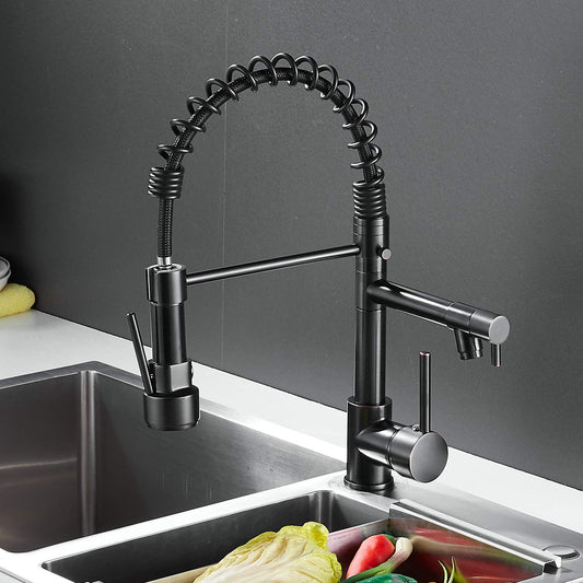 Kitchen faucet black, 360° rotatable sink faucet with pull-out spray, two spouts, spiral spring