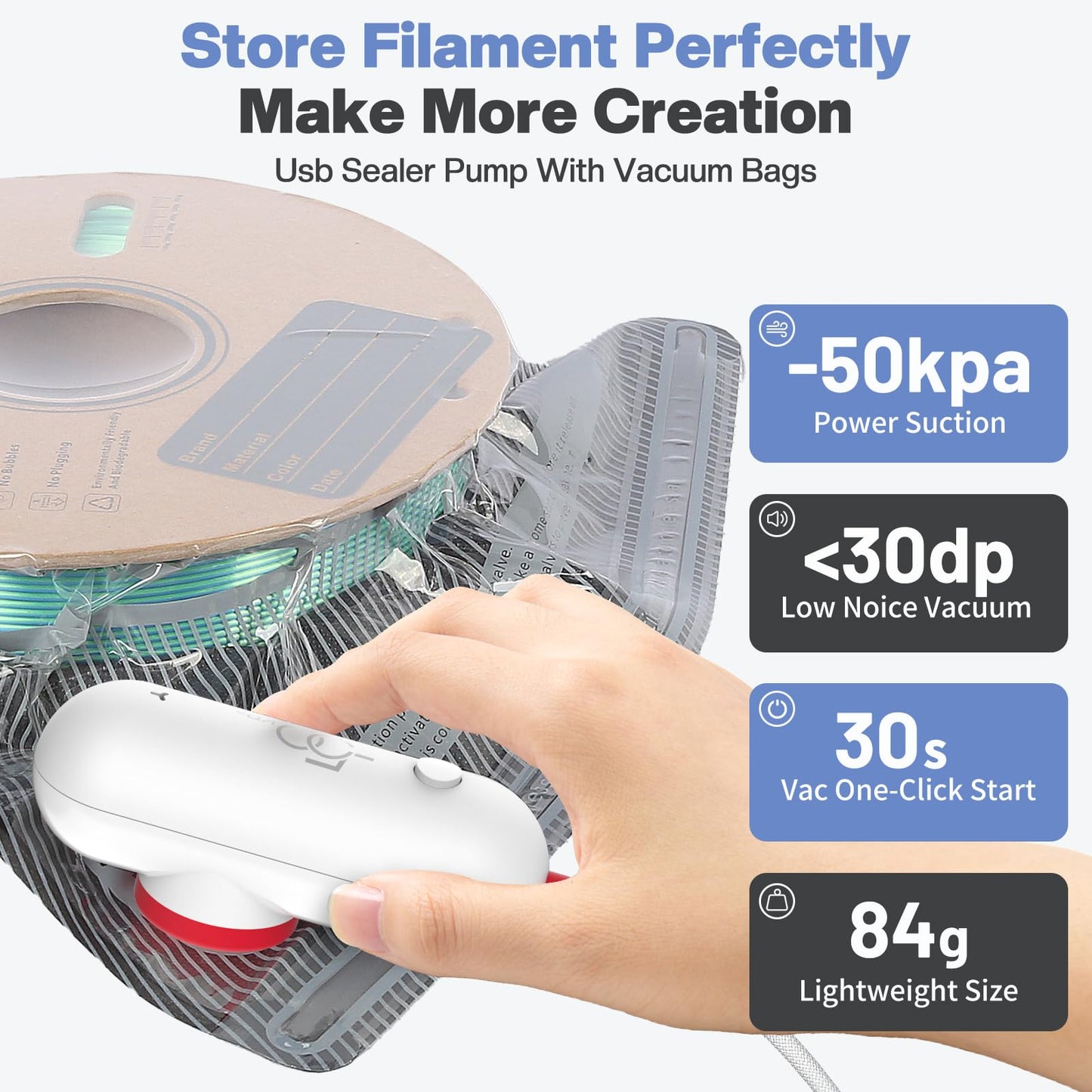 Vacbird 3D printer accessory Vacuum Kit, 10 pcs 3D filament black vacuum bags with USB pump (30 * 34cm) Can block sunlight for 3D printer filament storage, protect filament from moisture.