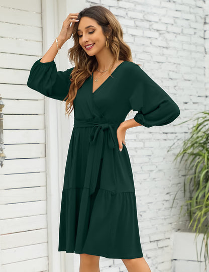 KOJOOIN Women's Maternity Dresses V-Neck 3/4 Sleeve Ruffle Pregnancy Dresses with Belt Dark Green (3/4 Sleeve) M
