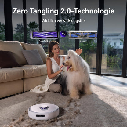 NARWAL Freo Z Ultra robot vacuum cleaner with mopping function, dual AI system, AI-adaptive hot water mopping and drying, 12,000 Pa suction power, Zero Tangling Brush 2.0, Intelligent APP (White).