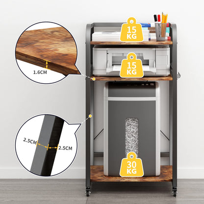 DAWNYIELD 3-tier printer stand with wheels fax shredder, computer shelf adjustable height rolling storage rack for home office with 4 hooks (Vintage)
