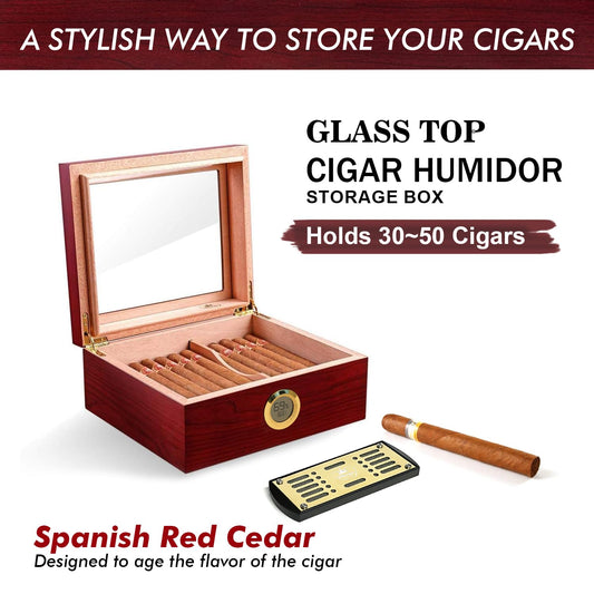 Slege Cigars Humidor, Spanish Cedar Humidor Cigars, Cigar Cabinet with Digital Hygrometer, INOX Humidifier, Divider, Cigar Box Cigar Accessories, Men's Gift, 30-50 Cigars (Cherry Red)