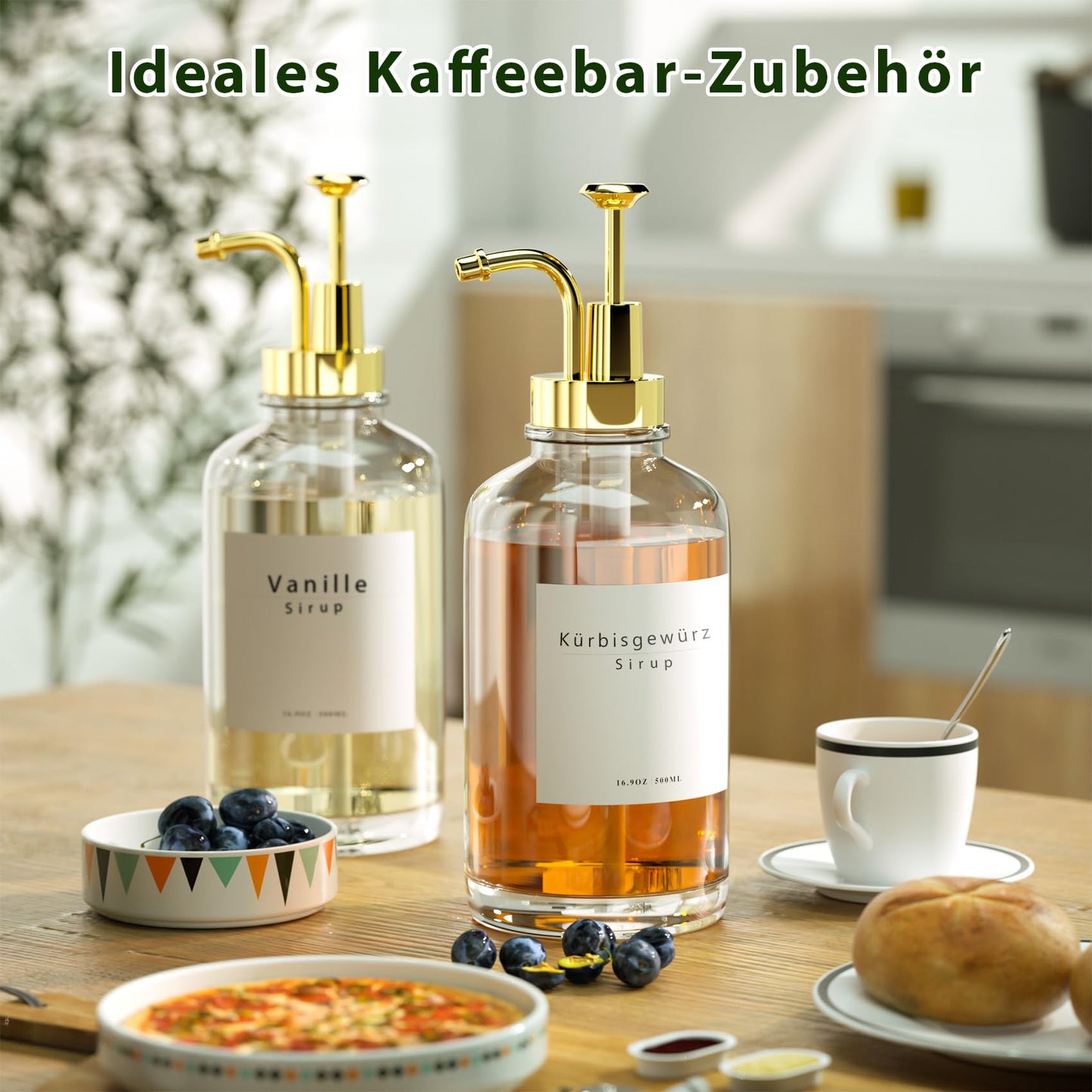 Coffee syrup dispenser for coffee bar accessories, coffee syrup pump dispenser, glass syrup bottle with gold pumps and 42 labels, 16.9 oz 500 ml