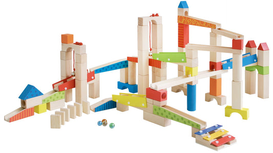 roba Ball track 100 pieces - Large wooden ball track - Marble run including building blocks with sound effects and glass marbles - Motor skills toy adjustable - Colorful wood