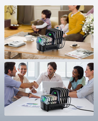 ORICO 120W charging station for multiple devices, 10 USB smart ports Automatic temperature control system, Multi USB charging station compatible with iPad, tablet, and mobile phone (Includes 10 black charging cables)