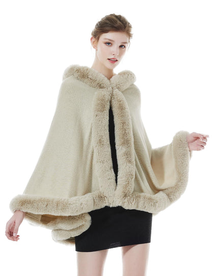 BEAUTELICATE Faux Fur Wrap Shawl Women's Poncho Cape With Hood For Winter Wedding Evening Bride (Beige,One Size)