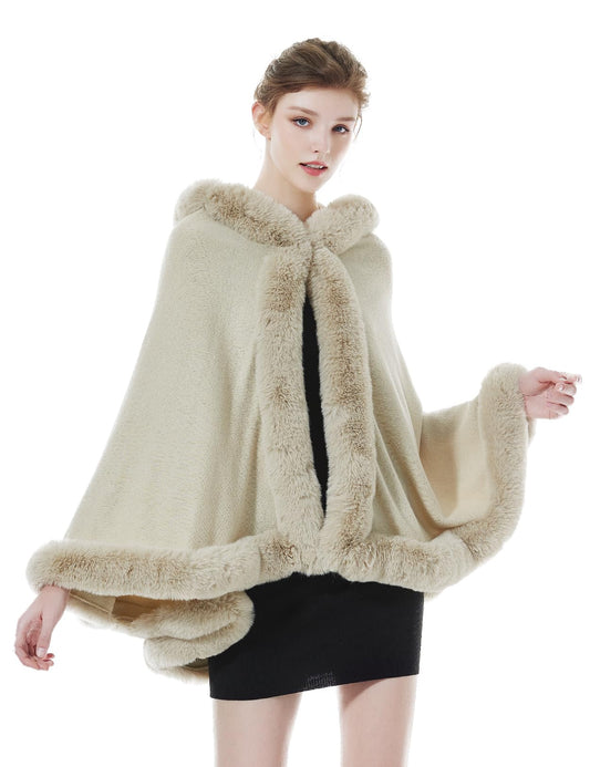 BEAUTELICATE Faux Fur Wrap Shawl Women's Poncho Cape With Hood For Winter Wedding Evening Bride (Beige,One Size)