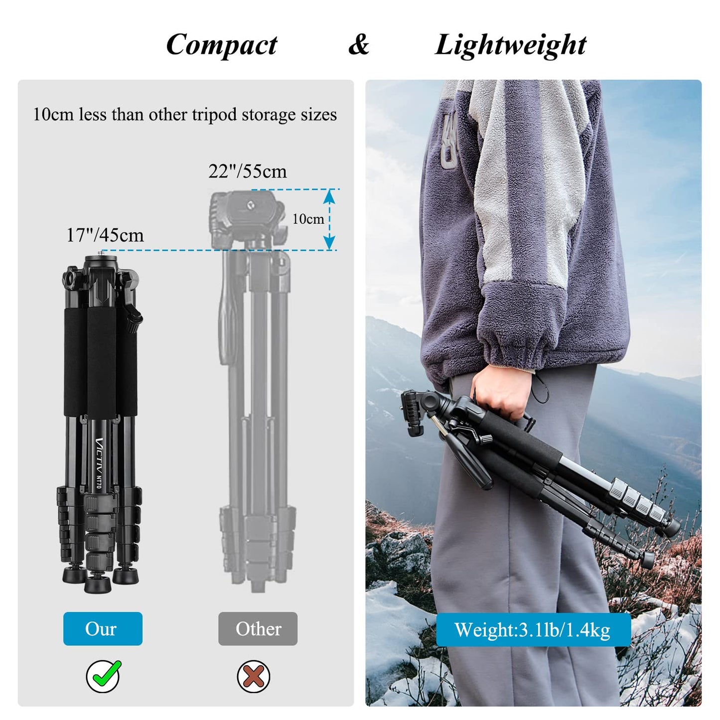 Victiv Camera Tripod with 52–160-185cm height, lightweight tripod with detachable 3-way head, aluminum camera stand for DSLR Canon Nikon Sony, tripod for smartphone with phone holder.