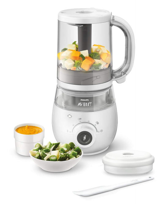 Philips Avent 4-in-1 Baby Food Maker SCF883/01 comes with a 20-pack storage containers for baby food and spoons.