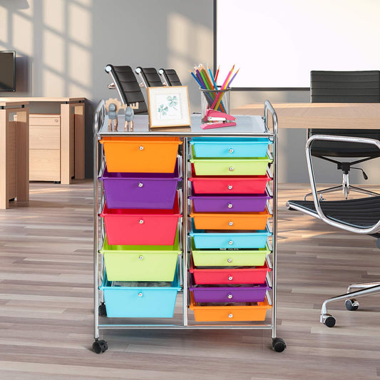 GOPLUS rolling cart with 15 stackable drawers, color options available. Perfect for household, bathroom storage, and organization.