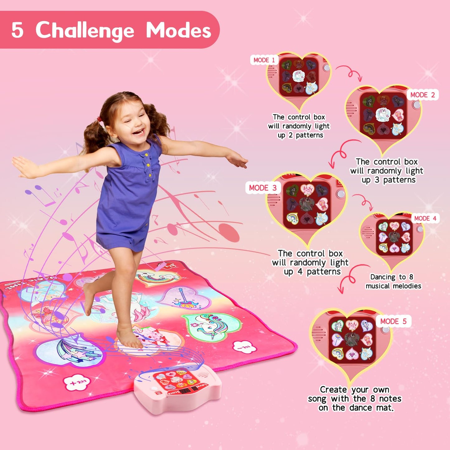 Unicorn dance mat toy, 3 challenge modes touch mat play with LED display, musical dance mat game for 3 4 5 6 7 8 years old girls boys
