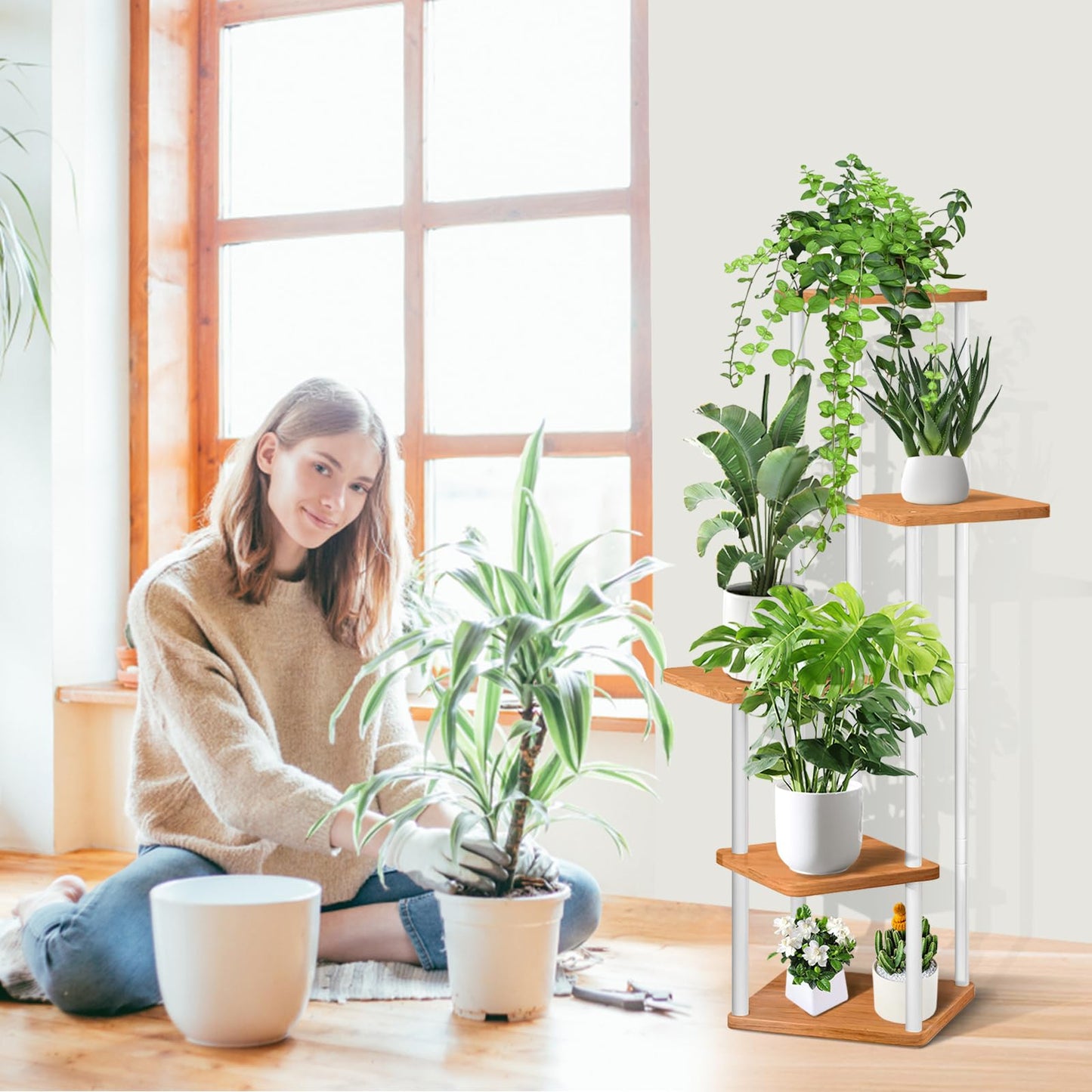 VASZOLA 5-Tier Wooden Flower Rack Plant Stand, Multi-layer Flower Display Stand Plant Shelf Flower Bench Flower Stairs Plant Stairs Shelf for Indoor Garden Balcony Decor (White)