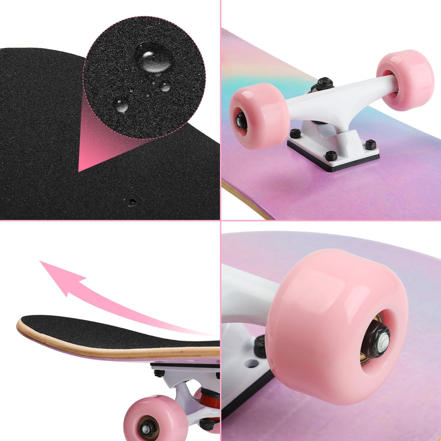 ILAHUI skateboard for teens, girls, kids, adults, beginners, 7 layers of maple wood, deck, 80 x 20 cm, bag, skateboard, rainbow powder
