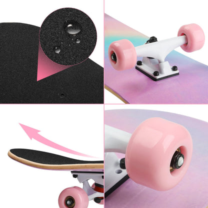 ILAHUI skateboard for teens, girls, kids, adults, beginners, 7 layers of maple wood, deck, 80 x 20 cm, bag, skateboard, rainbow powder