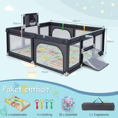 DREAMADE playpen for baby, 188 x 157cm playpen with mattress & basketball hoop & pull ring, safety gate with non-slip base, playpen for kids.