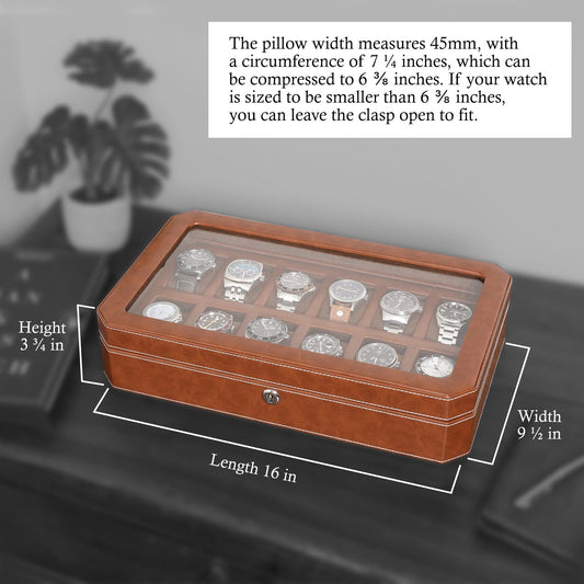 ROTHWELL 12 Slot Leather Watch Box for Men - Luxury Watch Case Display Organizer, Men's Storage Boxes Holder with Large Glass Lid (Black/Gray)