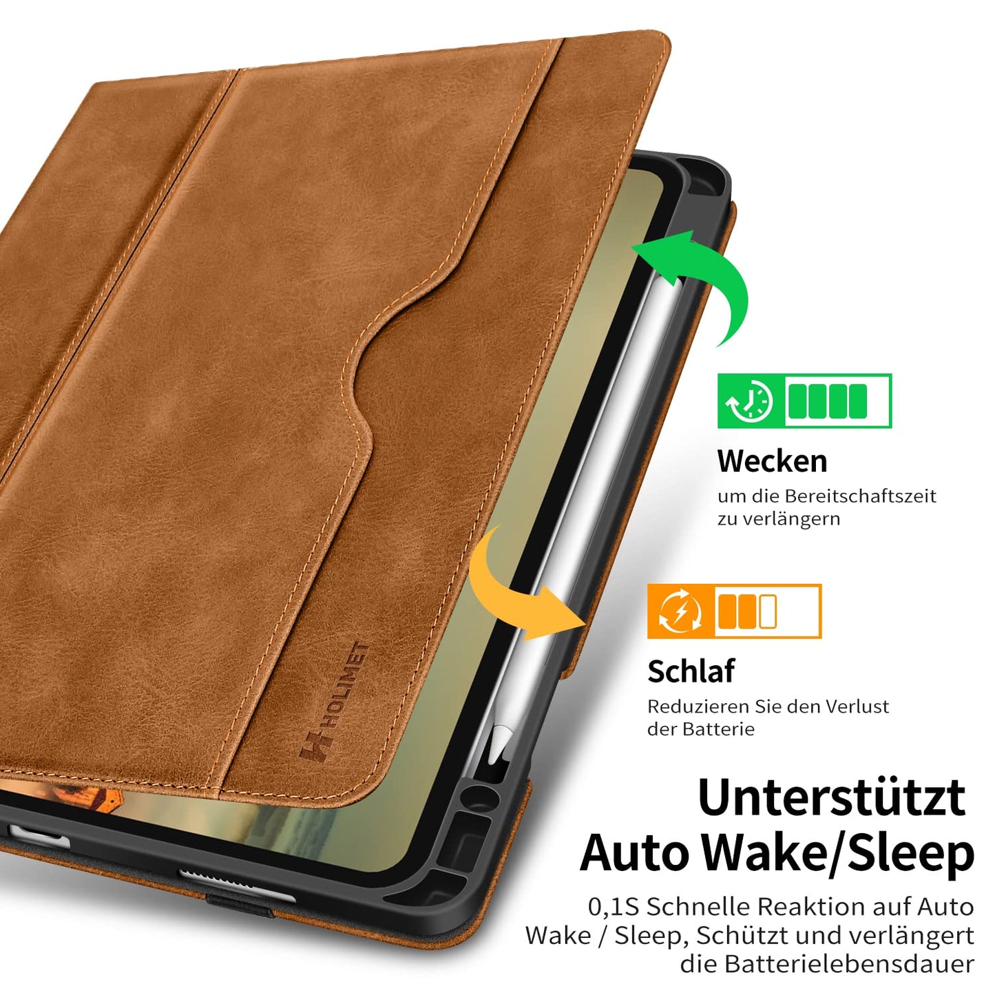 HOLIMET case for iPad Pro 12.9 inch 2022/2021/2020/2018 (6th/5th/4th/3rd Gen) with pencil holder, PU leather folio case shockproof with pocket and auto wake/sleep function, multi-angle stand (brown)