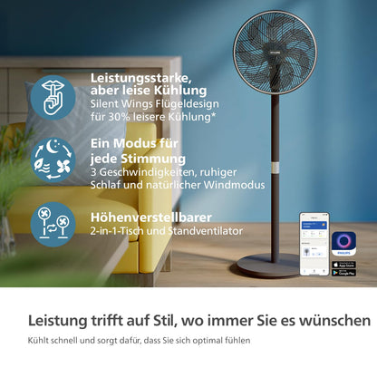 PHILIPS Smart Stand Fan Series 3000. Powerful & extremely quiet SilentWings technology. 19 dB. 2-in-1 table & stand fan. Adjustable tilt & oscillation. App control. 12-hour timer. Black (CX3550/01)