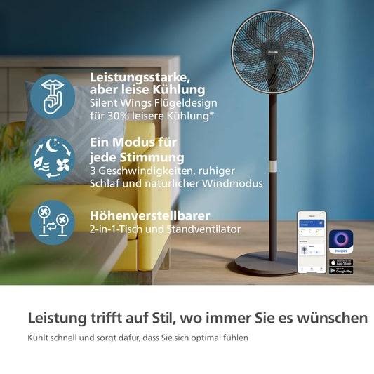 PHILIPS Smart Stand Fan Series 3000. Powerful & extremely quiet SilentWings technology. 19 dB. 2-in-1 table & stand fan. Adjustable tilt & oscillation. App control. 12-hour timer. Black (CX3550/01)