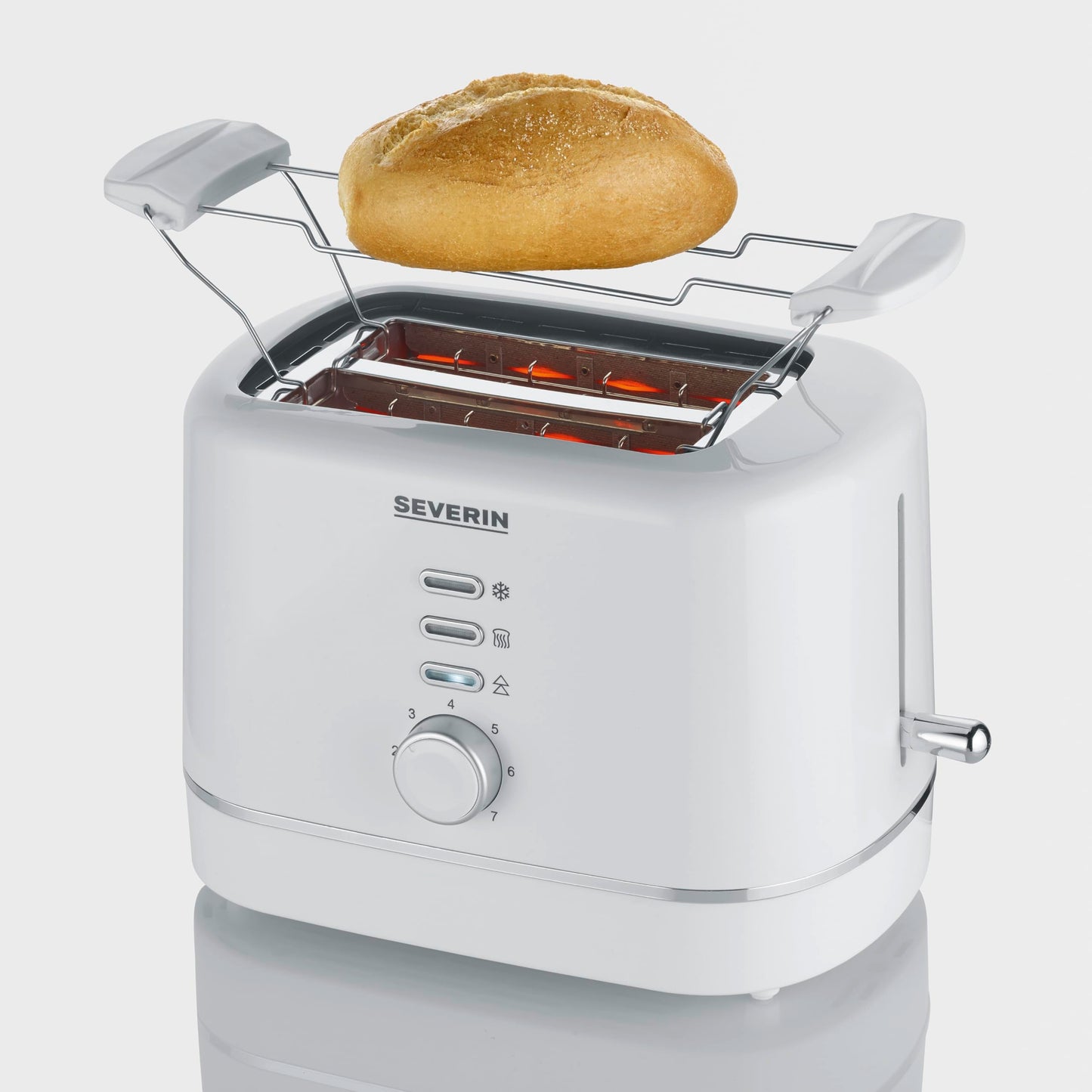 SEVERIN automatic toaster for 2 slices, stainless steel roll-up attachment, warming & defrosting function, adjustable browning level, auto shut-off, 850 W, white, AT 4324