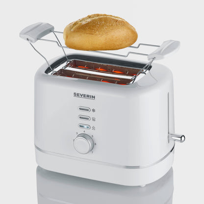 SEVERIN automatic toaster for 2 slices, stainless steel roll-up attachment, warming & defrosting function, adjustable browning level, auto shut-off, 850 W, white, AT 4324