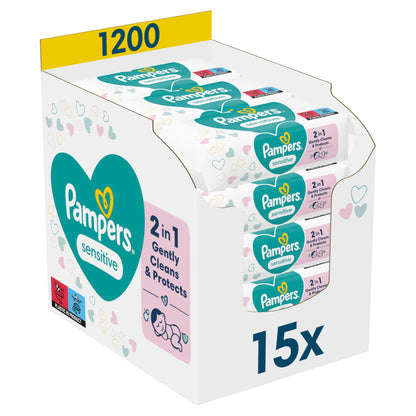 Pampers Sensitive Wipes 15 packs of 80 pieces, 1200 wipes, fragrance-free for gentle and soft cleaning.