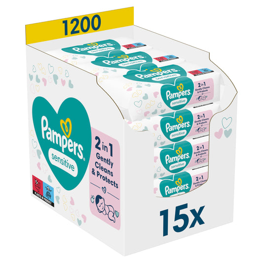 Pampers Sensitive Wipes 15 packs of 80 pieces, 1200 wipes, fragrance-free for gentle and soft cleaning.