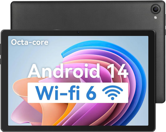 Freeski tablet 10 inch, Android 14 tablet PC, 8GB RAM+64GB ROM (1TB TF), Octa-Core 2.0 GHz, WiFi 6, Bluetooth 5.0, Widevine L1, 5MP+8MP, 5000mAh, Type-C (Black)