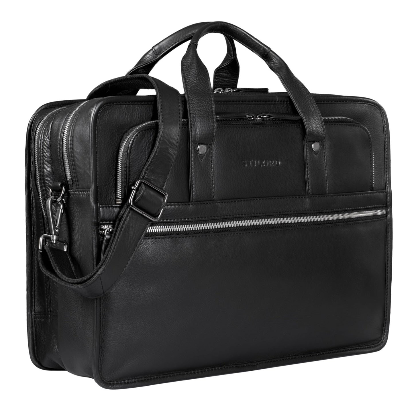 STILORD 'Yves' Briefcase Men Women Leather Business Bag Document Bag 15.6 Inch Laptop Bag Business Bag Teacher Bag Real Cowhide Leather, Color: Black