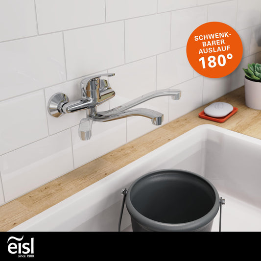 EISL 161EUROPE EUROPE Wall-mounted faucet Chrome, Wall-mounted sink faucet 360°, perfect for double sinks, Wall-mounted faucet, Wall-mounted faucet for kitchen/utility sink, Wall-mounted mixer tap.