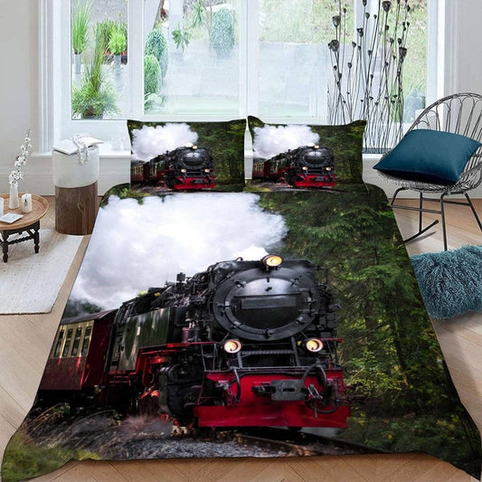 Aurorai bedding set steam locomotive train 3D print bedding 135x200 retro train duvet cover microfiber soft duvet covers with zipper 3 pieces with 2 pillowcases 80x80cm for boys.