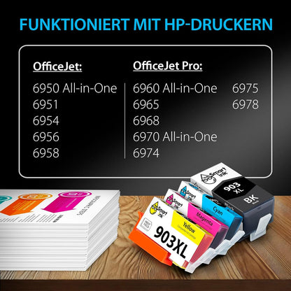 Smart Ink compatible printer cartridges as a replacement for HP 903 XL 903XL 4 Multipack (Black XL & Blue Red Yellow) with Advanced Chip Technology. Compatible with Officejet 6950 Officejet Pro 6960 6970 printers.