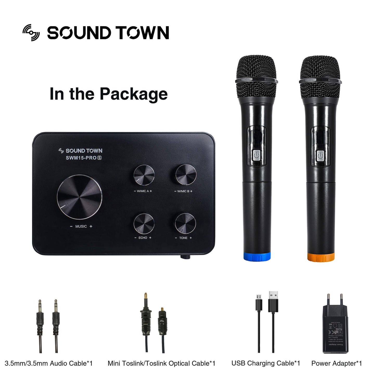 Sound Town Wireless Microphone Karaoke Mixer System, with support for HDMI ARC, Optical (Toslink), Smart TV, Media Box, PC, Bluetooth, Soundbar, Receiver, and AUX (SWM15-PROS)