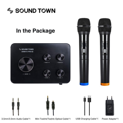 Sound Town Wireless Microphone Karaoke Mixer System, with support for HDMI ARC, Optical (Toslink), Smart TV, Media Box, PC, Bluetooth, Soundbar, Receiver, and AUX (SWM15-PROS)